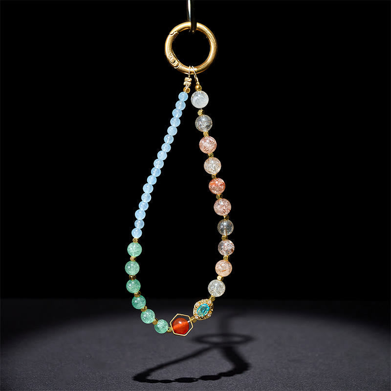 Nimara Ritual Super Seven Crystal Blue Chalcedony Beaded Healing Key Chain Phone Hanging Decoration