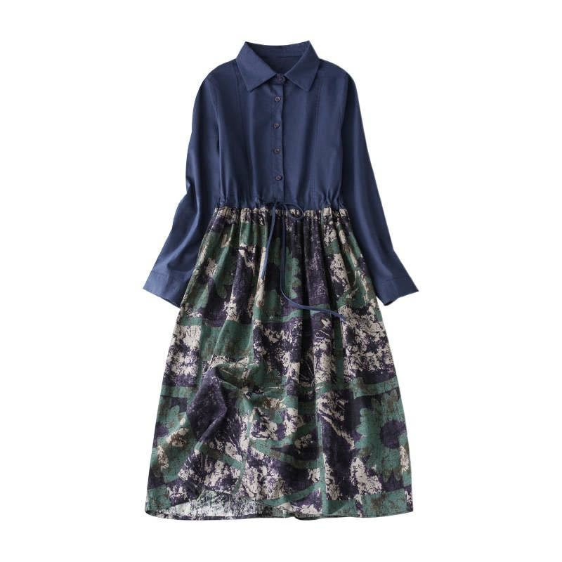 Nimara Ritual Fall Printed Patchwork Design Drawstring Long Sleeve Linen Midi Dress With Pockets