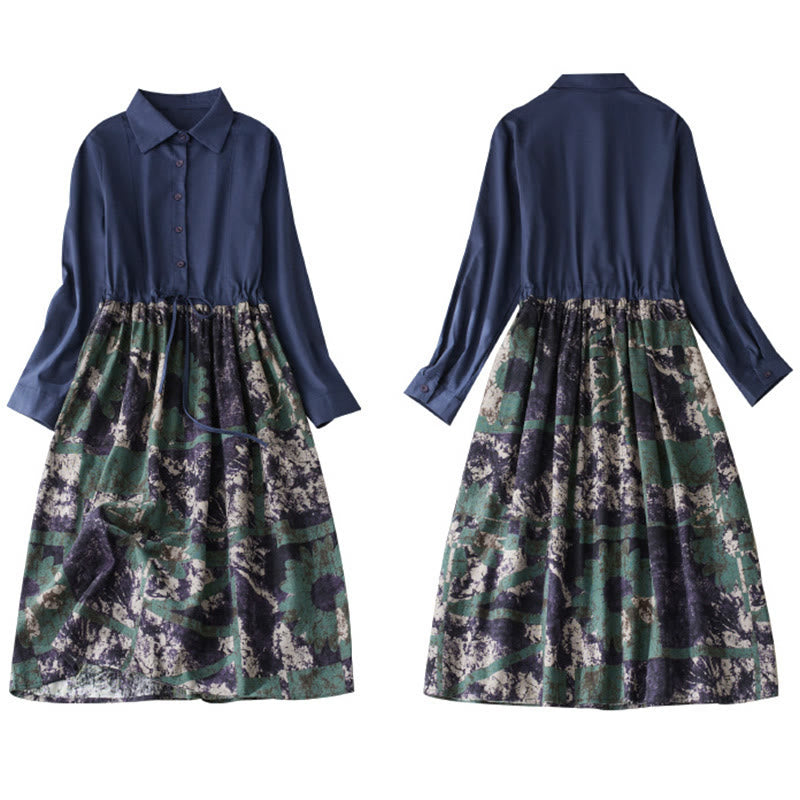 Nimara Ritual Fall Printed Patchwork Design Drawstring Long Sleeve Linen Midi Dress With Pockets