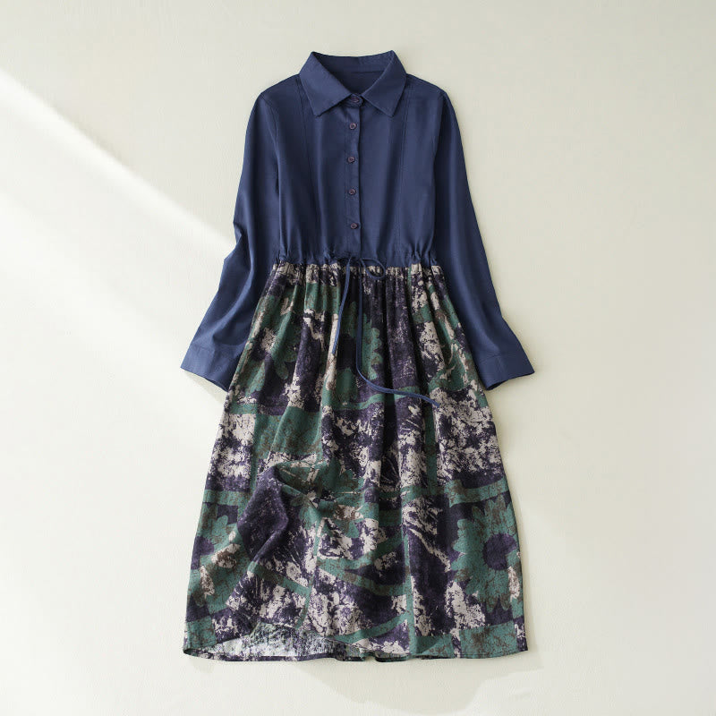 Nimara Ritual Fall Printed Patchwork Design Drawstring Long Sleeve Linen Midi Dress With Pockets