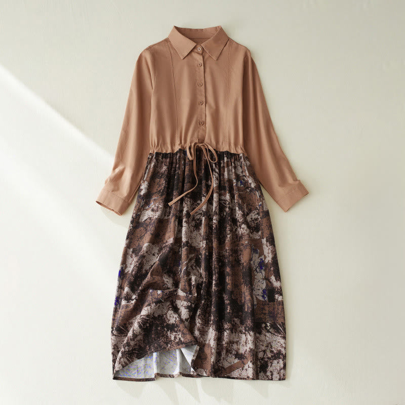 Nimara Ritual Fall Printed Patchwork Design Drawstring Long Sleeve Linen Midi Dress With Pockets