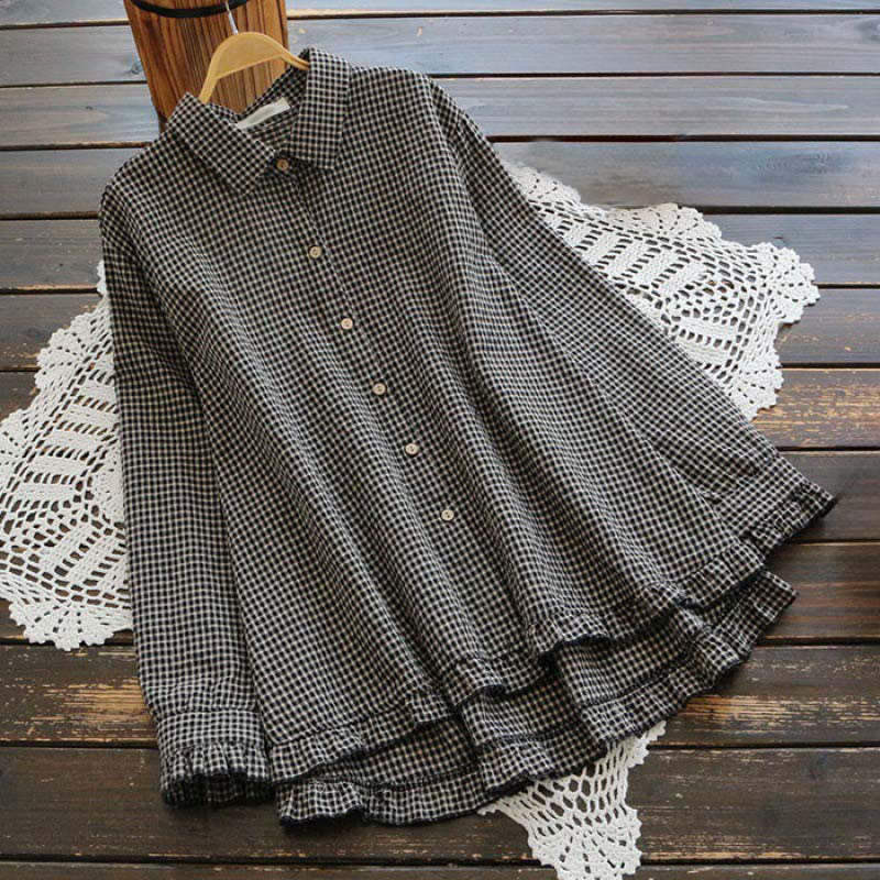 Nimara Ritual Spring Plaid Ruffled Hem Design Long Sleeve Women's Buttons Shirt