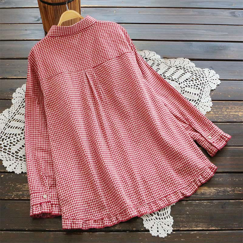 Nimara Ritual Spring Plaid Ruffled Hem Design Long Sleeve Women's Buttons Shirt