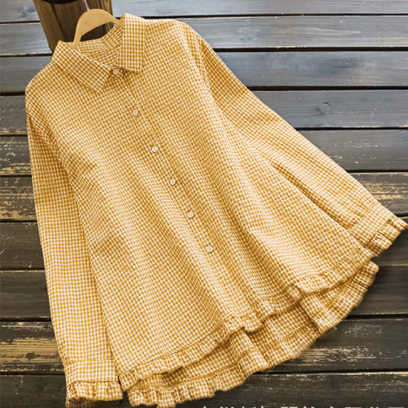 Nimara Ritual Spring Plaid Ruffled Hem Design Long Sleeve Women's Buttons Shirt