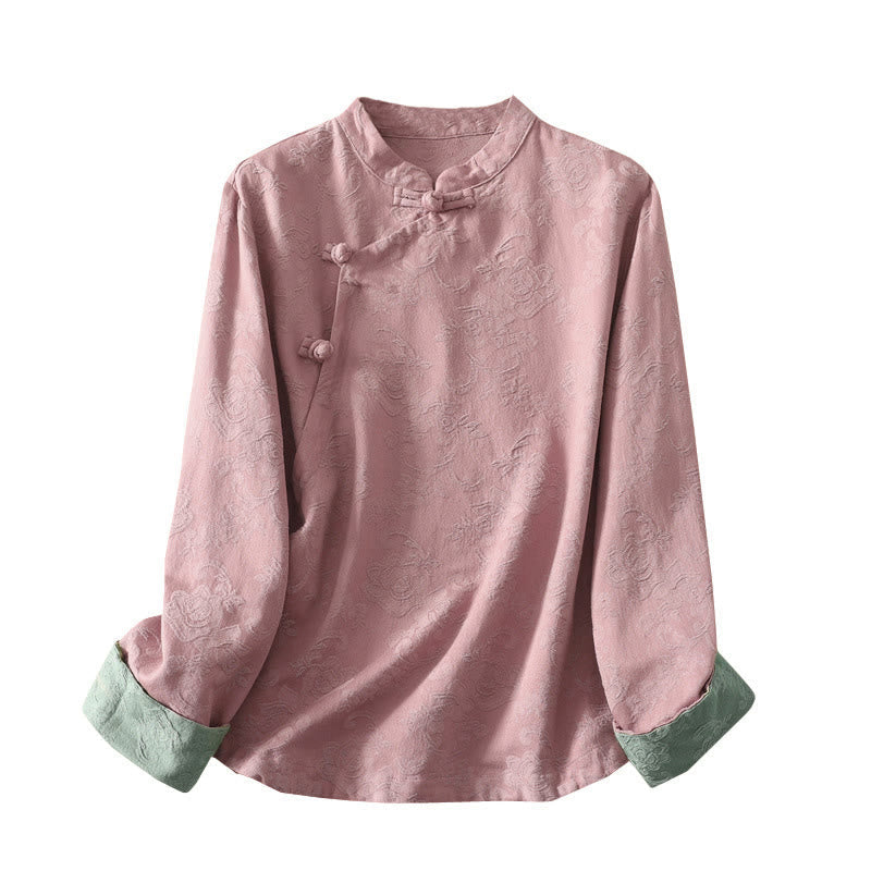 Nimara Ritual Jacquard Diagonal Placket Long Sleeve Women's Cotton Linen Buttons Shirt