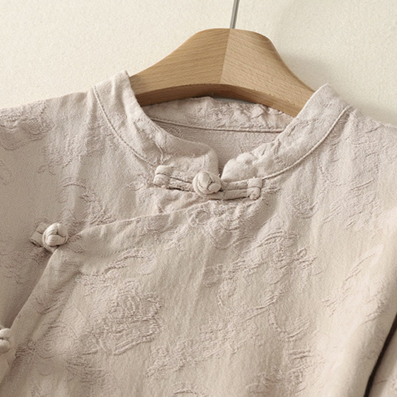 Nimara Ritual Jacquard Diagonal Placket Long Sleeve Women's Cotton Linen Buttons Shirt