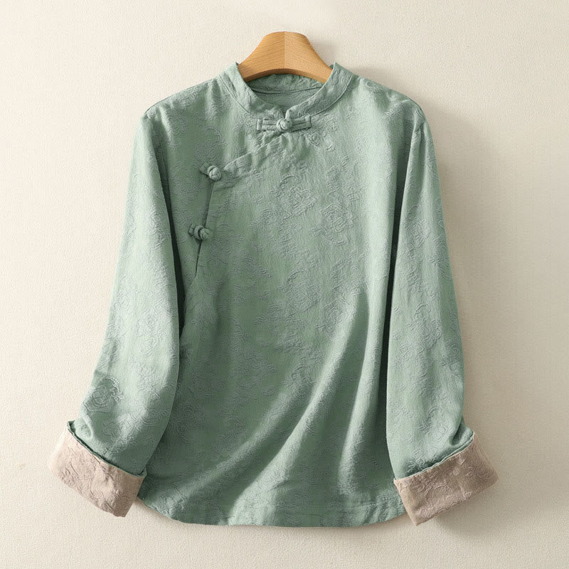 Nimara Ritual Jacquard Diagonal Placket Long Sleeve Women's Cotton Linen Buttons Shirt