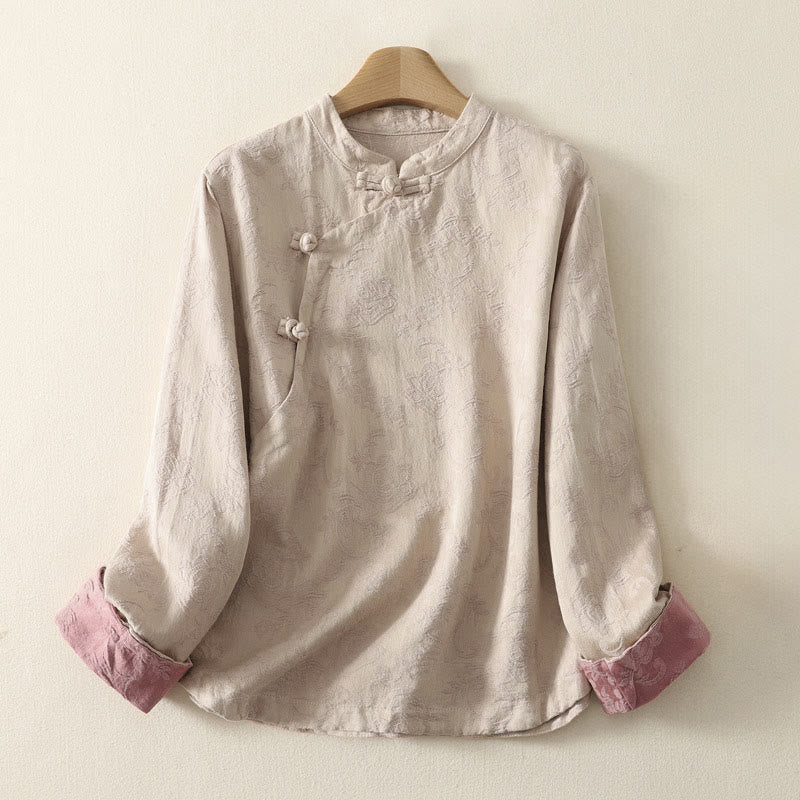 Nimara Ritual Jacquard Diagonal Placket Long Sleeve Women's Cotton Linen Buttons Shirt