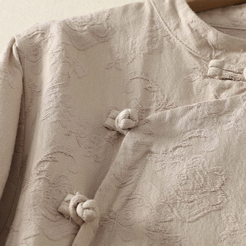 Nimara Ritual Jacquard Diagonal Placket Long Sleeve Women's Cotton Linen Buttons Shirt