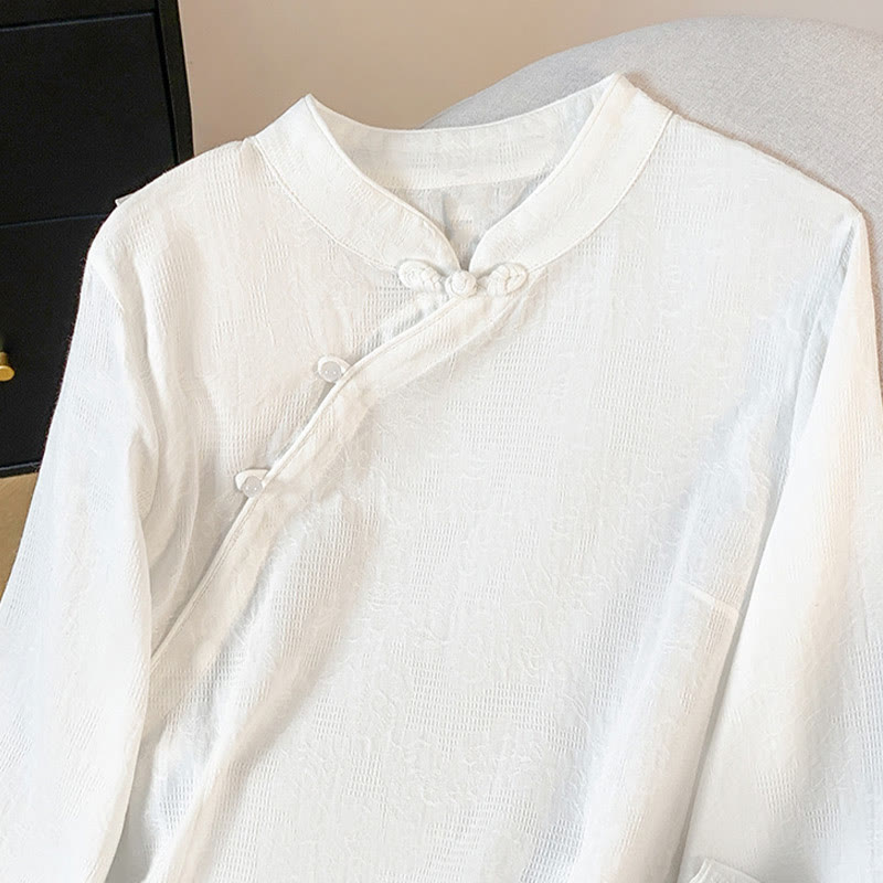 Nimara Ritual Commute Jacquard Chinese Frog-Button Mandarin Collar Long Sleeve Women's Shirt