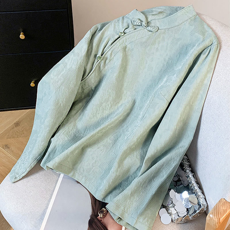 Nimara Ritual Commute Jacquard Chinese Frog-Button Mandarin Collar Long Sleeve Women's Shirt