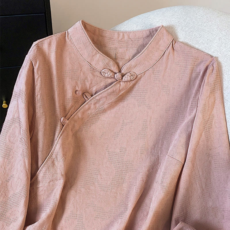 Nimara Ritual Commute Jacquard Chinese Frog-Button Mandarin Collar Long Sleeve Women's Shirt