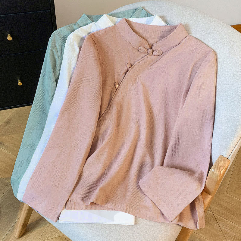 Nimara Ritual Commute Jacquard Chinese Frog-Button Mandarin Collar Long Sleeve Women's Shirt