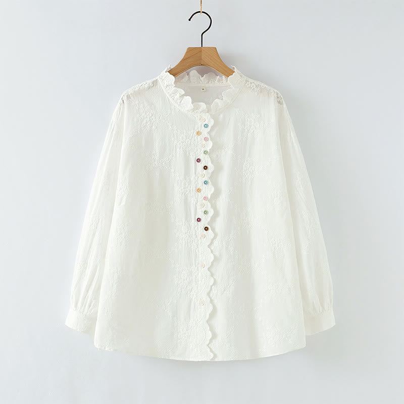 Nimara Ritual Fall Ruffled Collar Embroidered Relief Flower Buttons Women's Cotton Long Sleeve Shirt