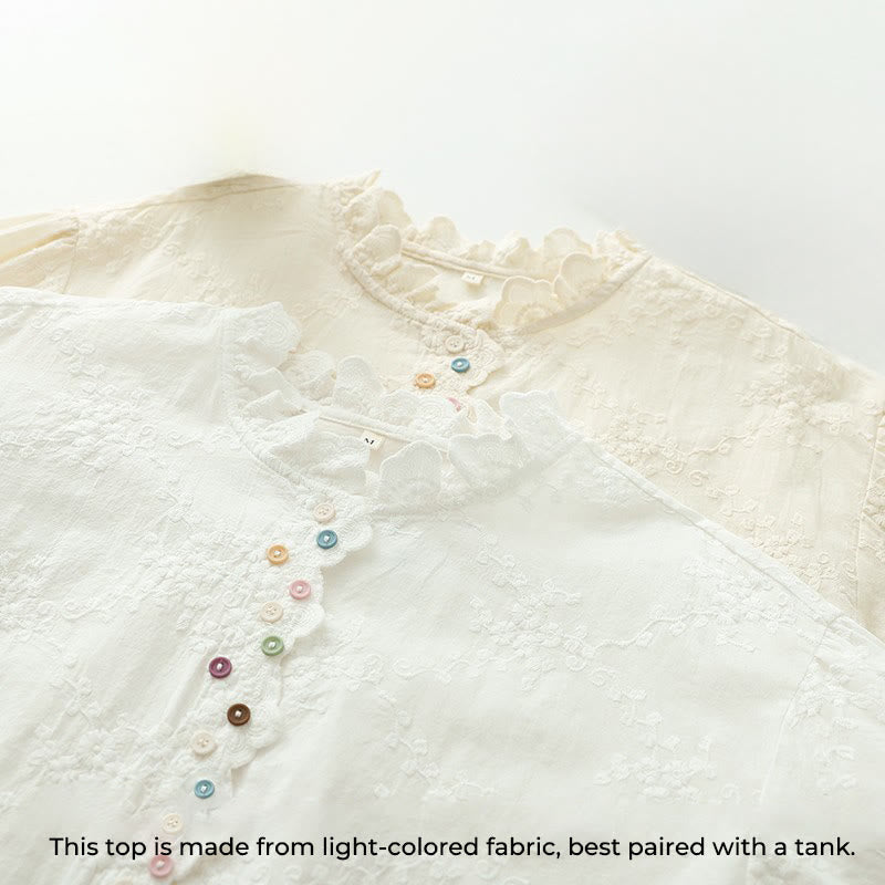 Nimara Ritual Fall Ruffled Collar Embroidered Relief Flower Buttons Women's Cotton Long Sleeve Shirt