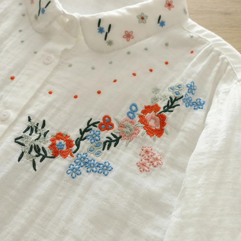 Nimara Ritual Fall White Colorful Floral Embroidery Buttons Women's Cotton Long Sleeve Shirt