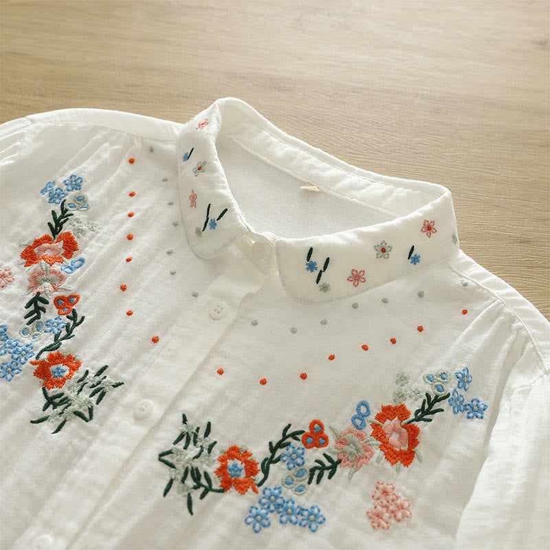 Nimara Ritual Fall White Colorful Floral Embroidery Buttons Women's Cotton Long Sleeve Shirt