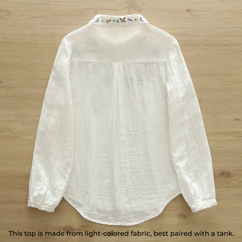 Nimara Ritual Fall White Colorful Floral Embroidery Buttons Women's Cotton Long Sleeve Shirt