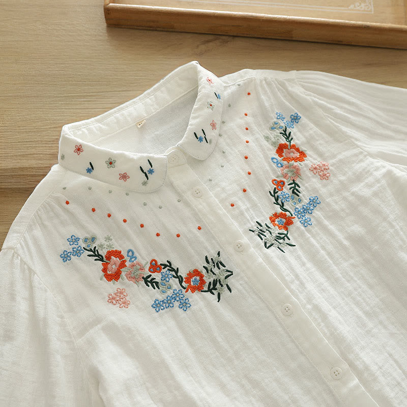Nimara Ritual Fall White Colorful Floral Embroidery Buttons Women's Cotton Long Sleeve Shirt