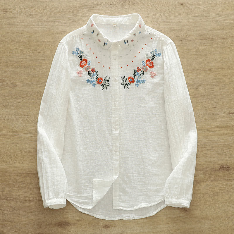Nimara Ritual Fall White Colorful Floral Embroidery Buttons Women's Cotton Long Sleeve Shirt
