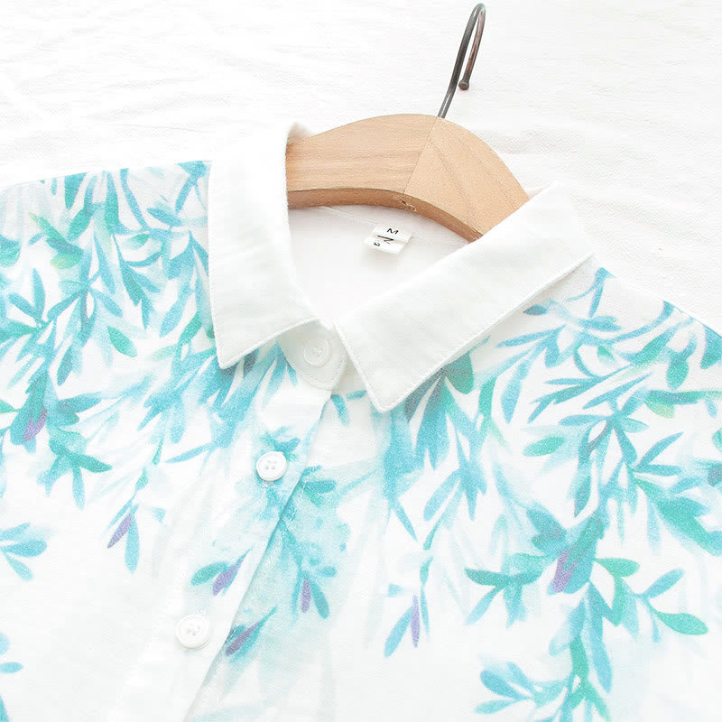 Nimara Ritual Fall White Green Grass Buttons Women's Cotton Long Sleeve Shirt