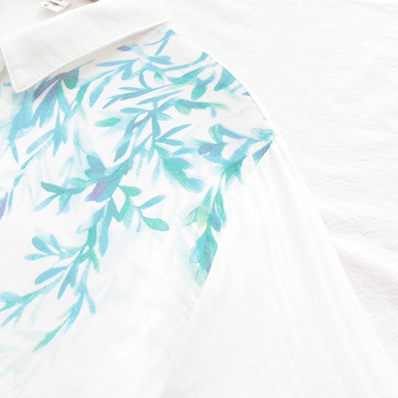 Nimara Ritual Fall White Green Grass Buttons Women's Cotton Long Sleeve Shirt