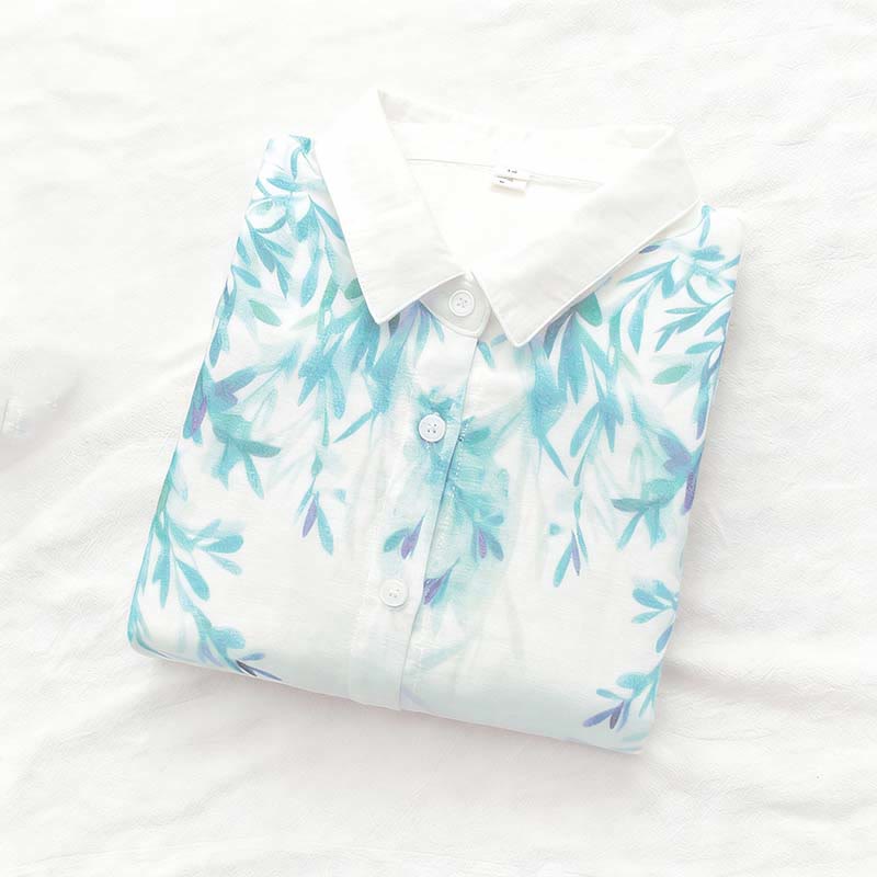Nimara Ritual Fall White Green Grass Buttons Women's Cotton Long Sleeve Shirt