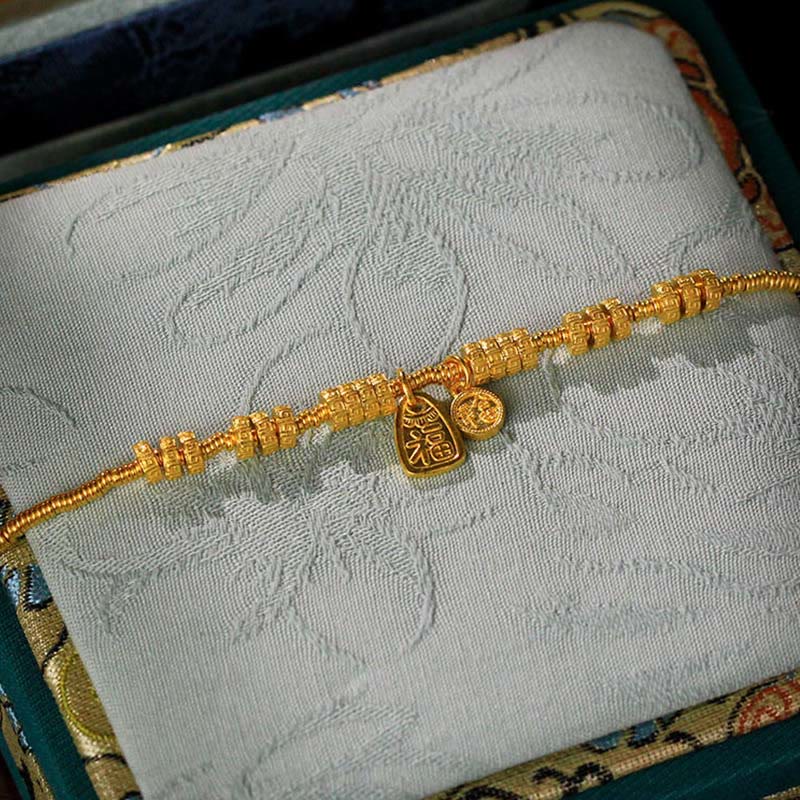 Nimara Ritual 24k Gold Plated Brass Fu Character Lucky Charm Blessing Bracelet