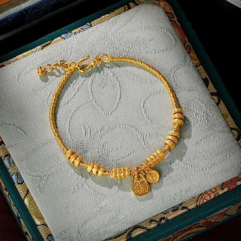 Nimara Ritual 24k Gold Plated Brass Fu Character Lucky Charm Blessing Bracelet