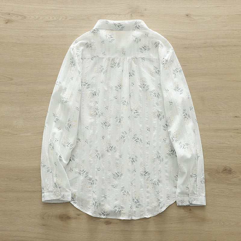 Nimara Ritual Fall White Yellow Flowers Green Leaves Buttons Women's Cotton Long Sleeve Shirt
