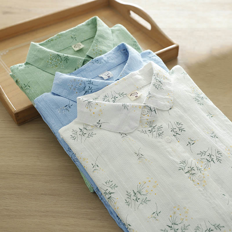 Nimara Ritual Fall White Yellow Flowers Green Leaves Buttons Women's Cotton Long Sleeve Shirt