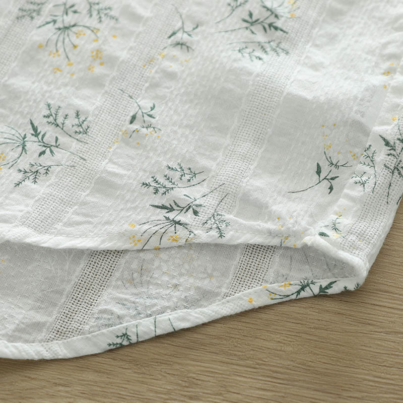 Nimara Ritual Fall White Yellow Flowers Green Leaves Buttons Women's Cotton Long Sleeve Shirt