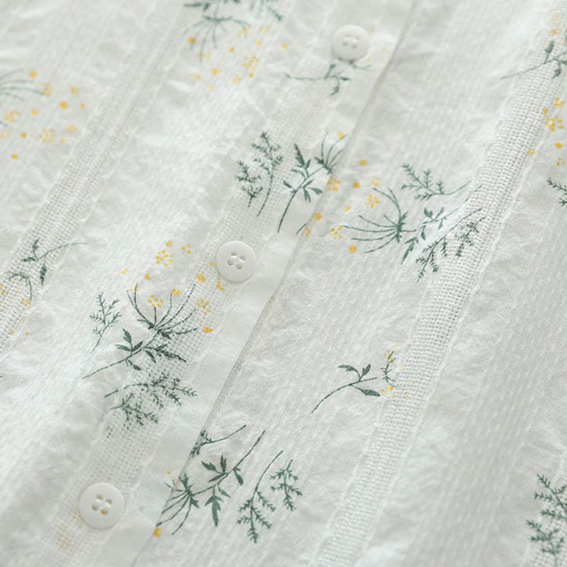 Nimara Ritual Fall White Yellow Flowers Green Leaves Buttons Women's Cotton Long Sleeve Shirt