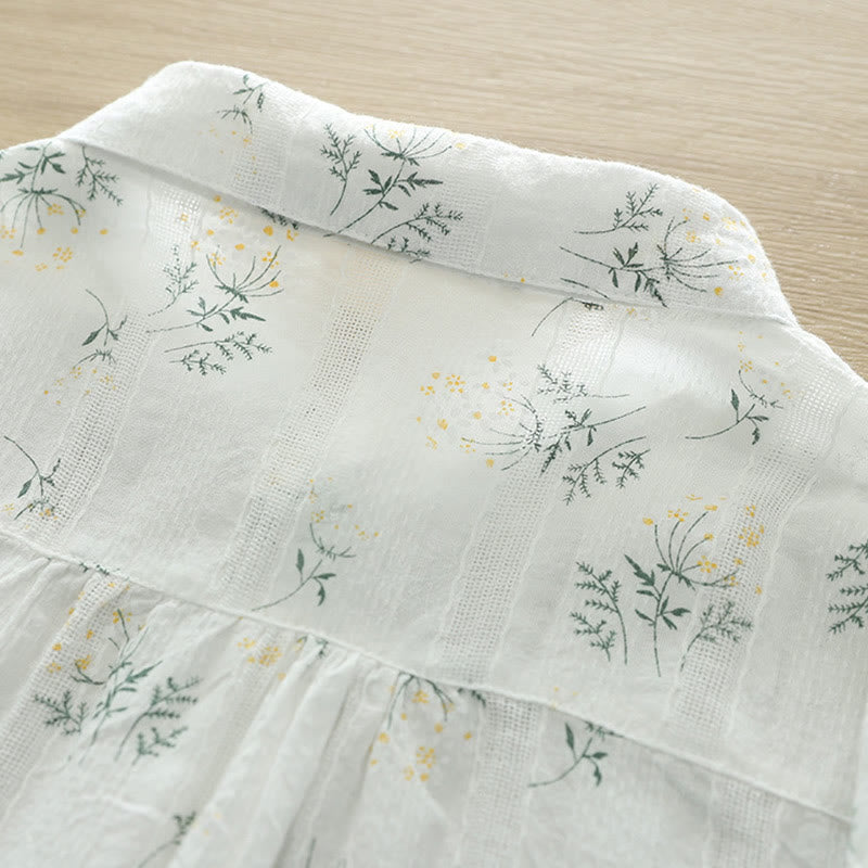 Nimara Ritual Fall White Yellow Flowers Green Leaves Buttons Women's Cotton Long Sleeve Shirt