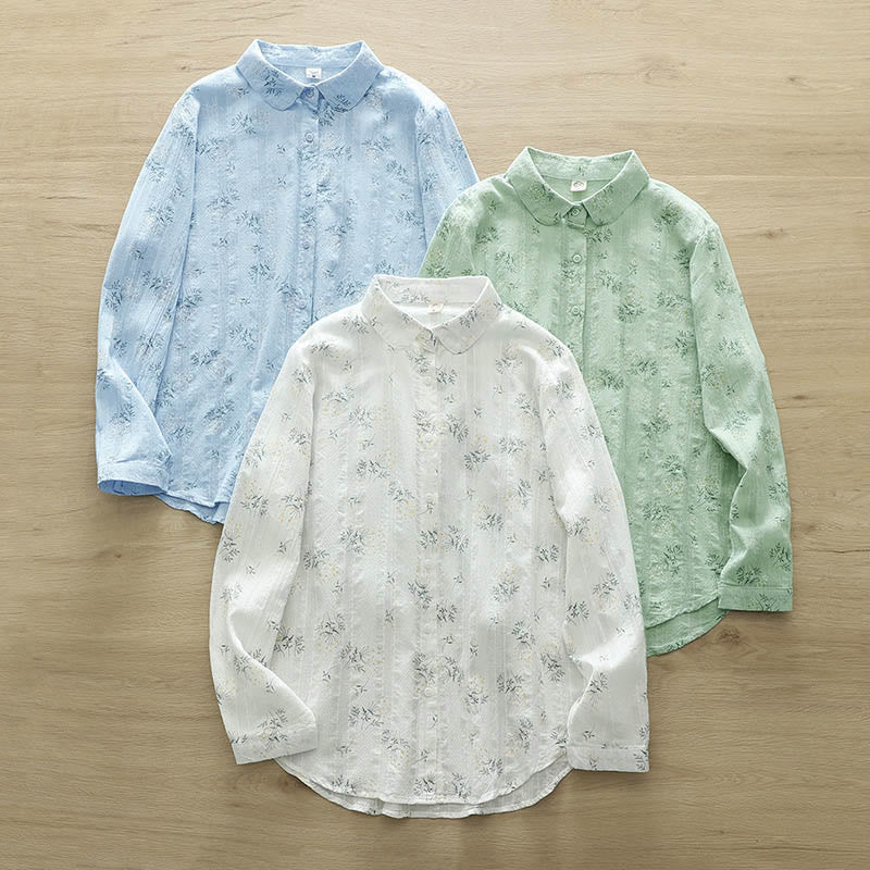 Nimara Ritual Fall White Yellow Flowers Green Leaves Buttons Women's Cotton Long Sleeve Shirt