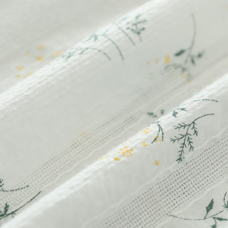 Nimara Ritual Fall White Yellow Flowers Green Leaves Buttons Women's Cotton Long Sleeve Shirt