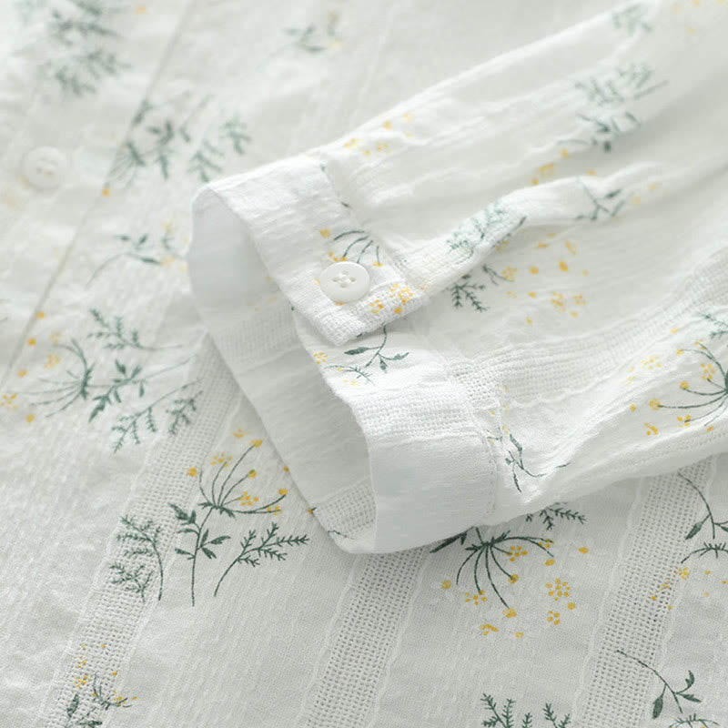 Nimara Ritual Fall White Yellow Flowers Green Leaves Buttons Women's Cotton Long Sleeve Shirt