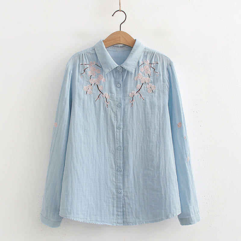 Nimara Ritual Fall Pink Plum Blossoms Embroidery Buttons Women's Cotton Long Sleeve Shirt