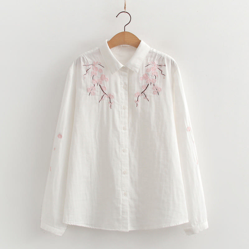 Nimara Ritual Fall Pink Plum Blossoms Embroidery Buttons Women's Cotton Long Sleeve Shirt