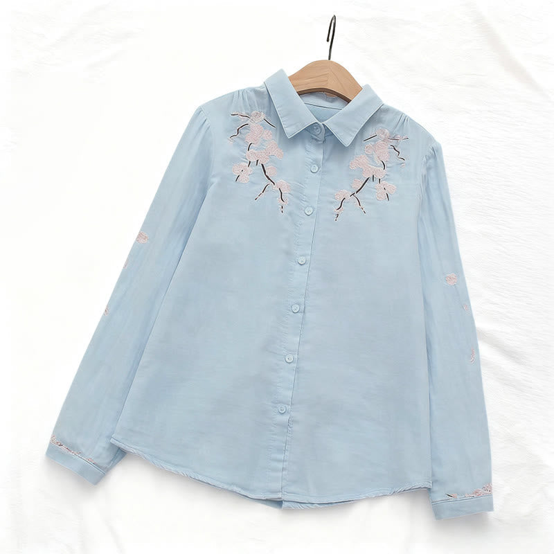 Nimara Ritual Fall Pink Plum Blossoms Embroidery Buttons Women's Cotton Long Sleeve Shirt