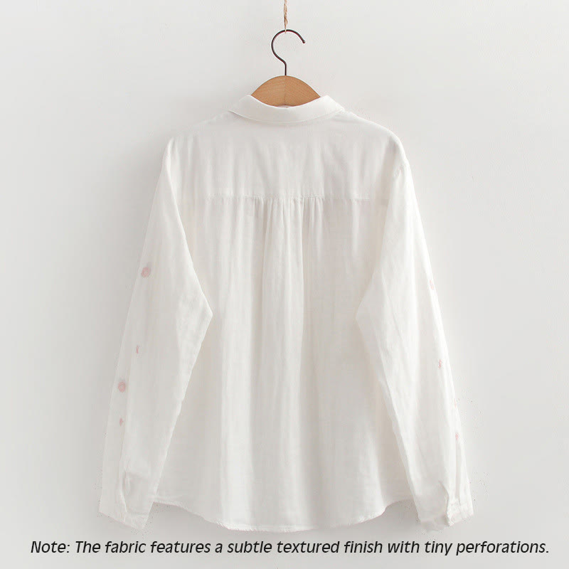 Nimara Ritual Fall Pink Plum Blossoms Embroidery Buttons Women's Cotton Long Sleeve Shirt