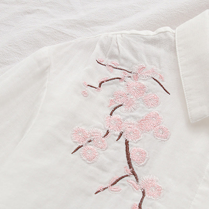 Nimara Ritual Fall Pink Plum Blossoms Embroidery Buttons Women's Cotton Long Sleeve Shirt