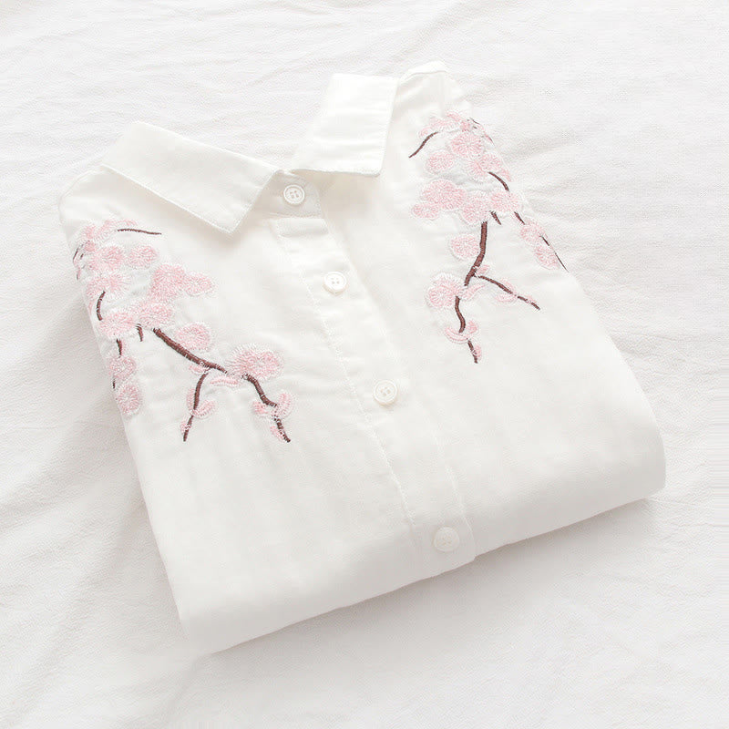 Nimara Ritual Fall Pink Plum Blossoms Embroidery Buttons Women's Cotton Long Sleeve Shirt
