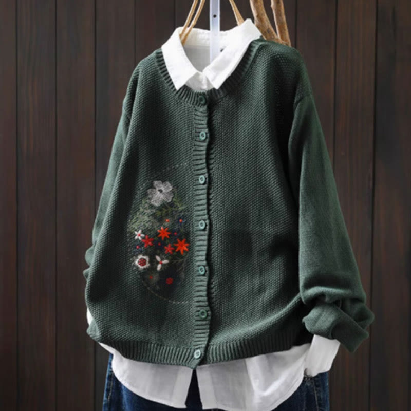 Nimara Ritual Floral Embroidery Buttons Cotton Women's Long Sleeve Knitted Cardigan Sweater