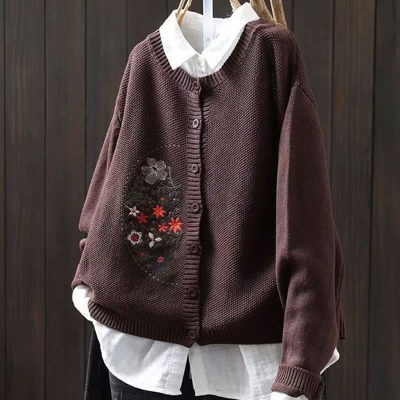 Nimara Ritual Floral Embroidery Buttons Cotton Women's Long Sleeve Knitted Cardigan Sweater