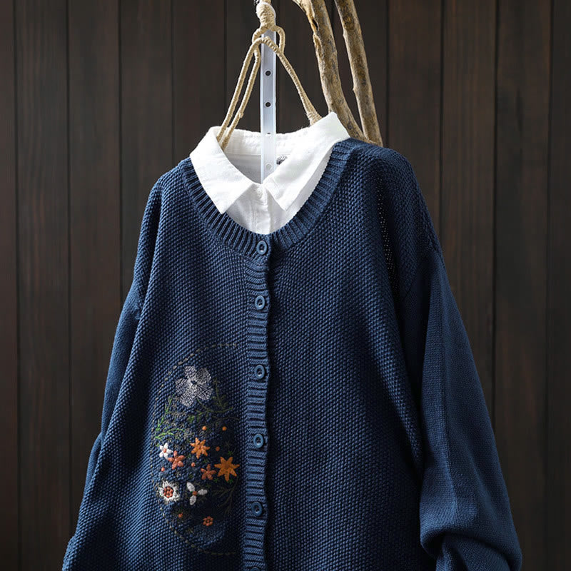 Nimara Ritual Floral Embroidery Buttons Cotton Women's Long Sleeve Knitted Cardigan Sweater