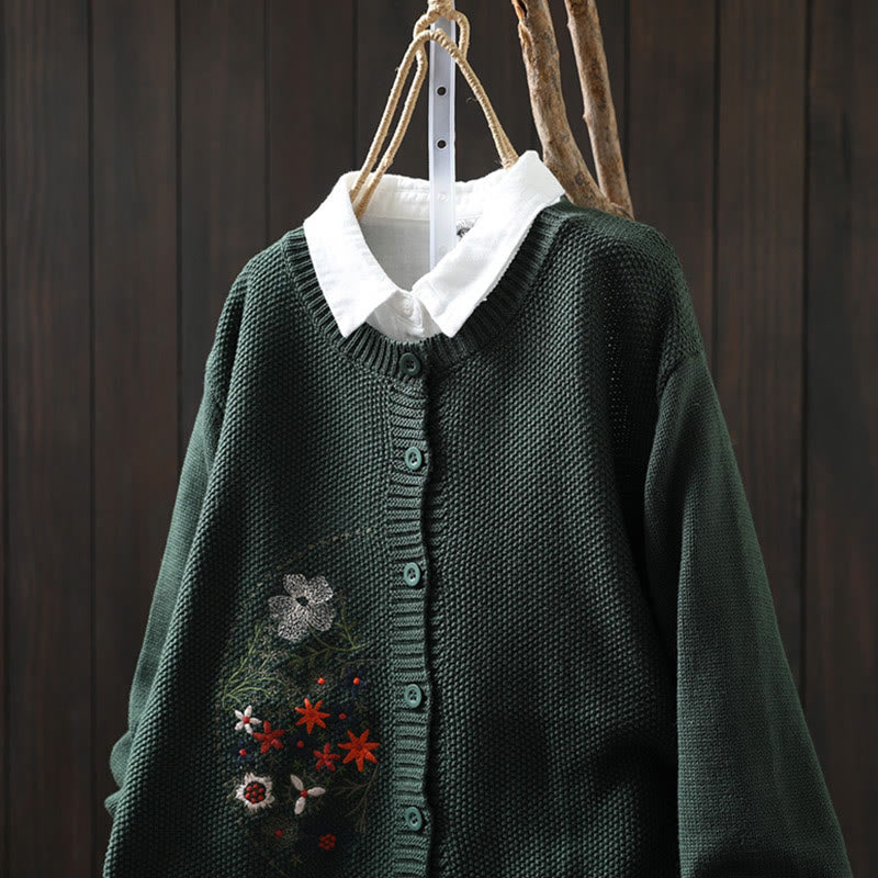 Nimara Ritual Floral Embroidery Buttons Cotton Women's Long Sleeve Knitted Cardigan Sweater