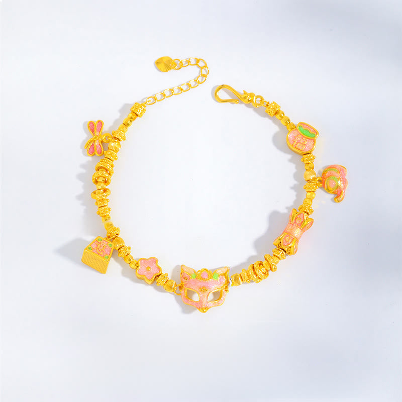 Nimara Ritual 24k Gold Plated Brass Fox Fu Character Ruyi Charm Luck Bracelet
