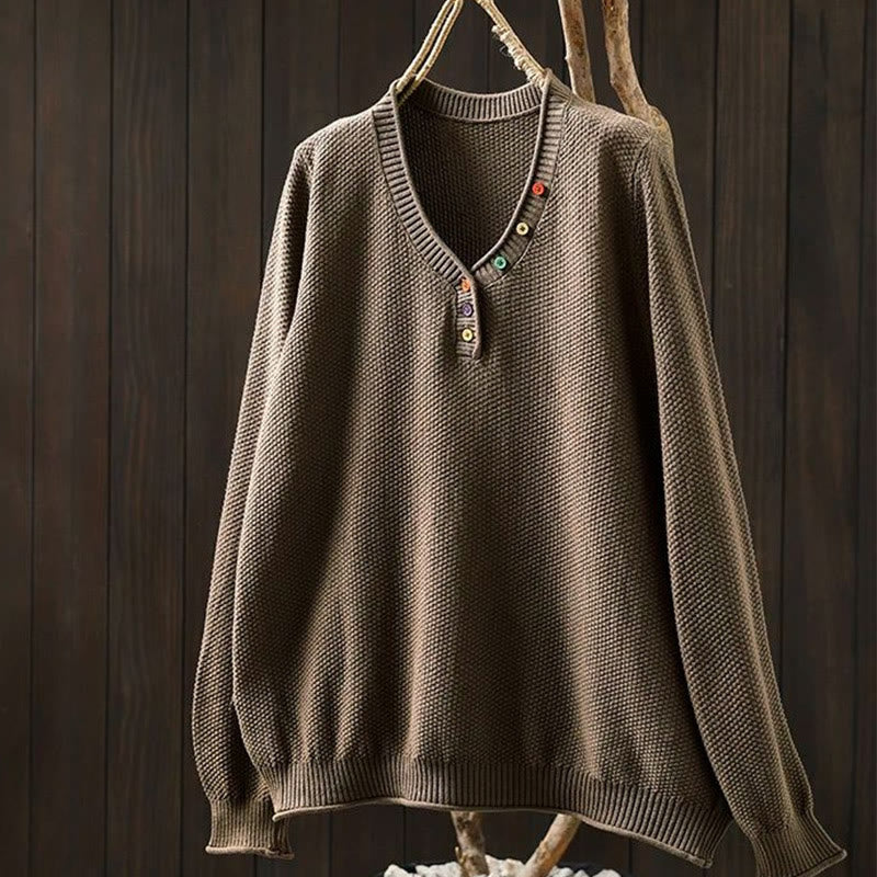Nimara Ritual Fall Colorful Buttons V-Neck Cotton Women's Long Sleeve Knitted Sweater