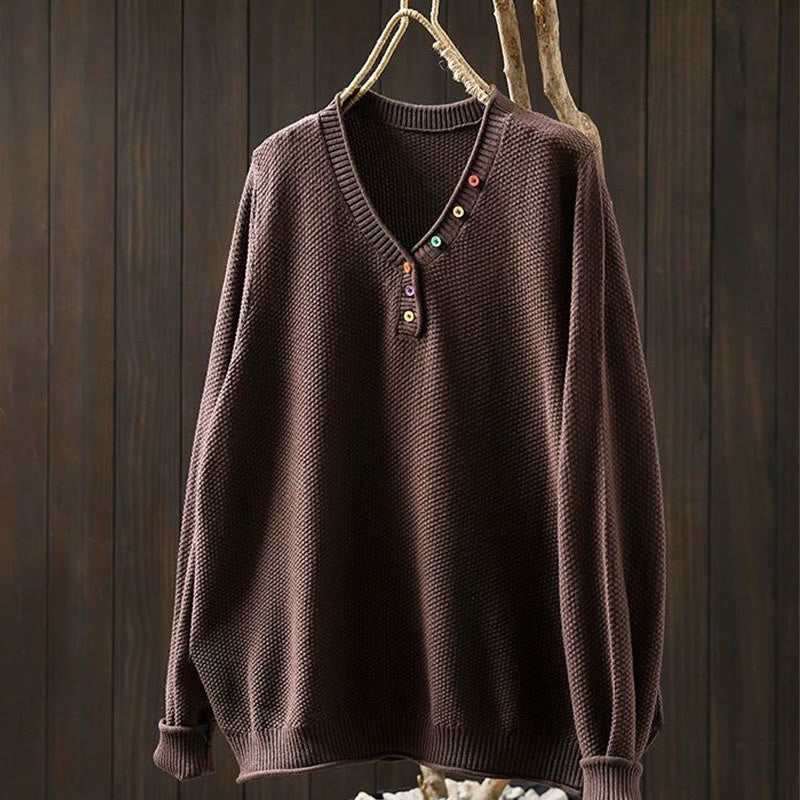 Nimara Ritual Fall Colorful Buttons V-Neck Cotton Women's Long Sleeve Knitted Sweater